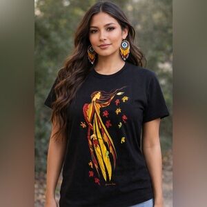 Indigenous Black Tee with Vibrant Leaf Art